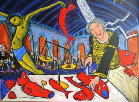 Bigoudène coupant des poissons rouges sous l'oeil bienveillant d'un marin ictérique et atteint d'une lordose, dans les halles "St François" à Quimper (130 cm / 97 cm)  2013